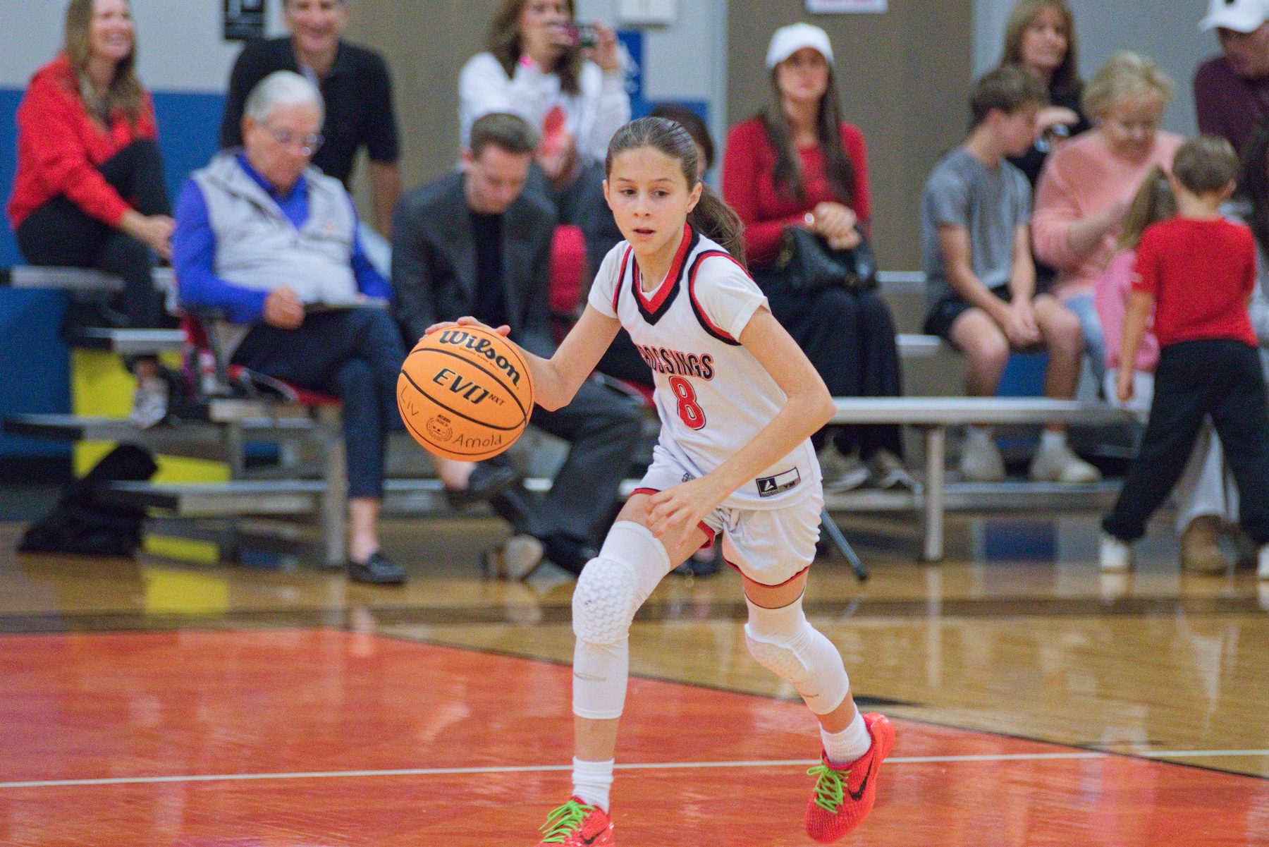 Basketball guard dribbling at the top of the key with fans watching