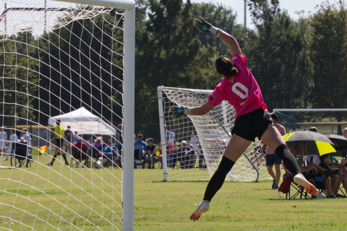 Goalkeeper in pink at full stretch, leaping toward the top corner past the goalpost